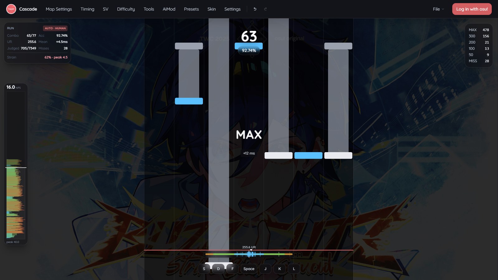 Playtest mode showing judgements and an unstable rate bar