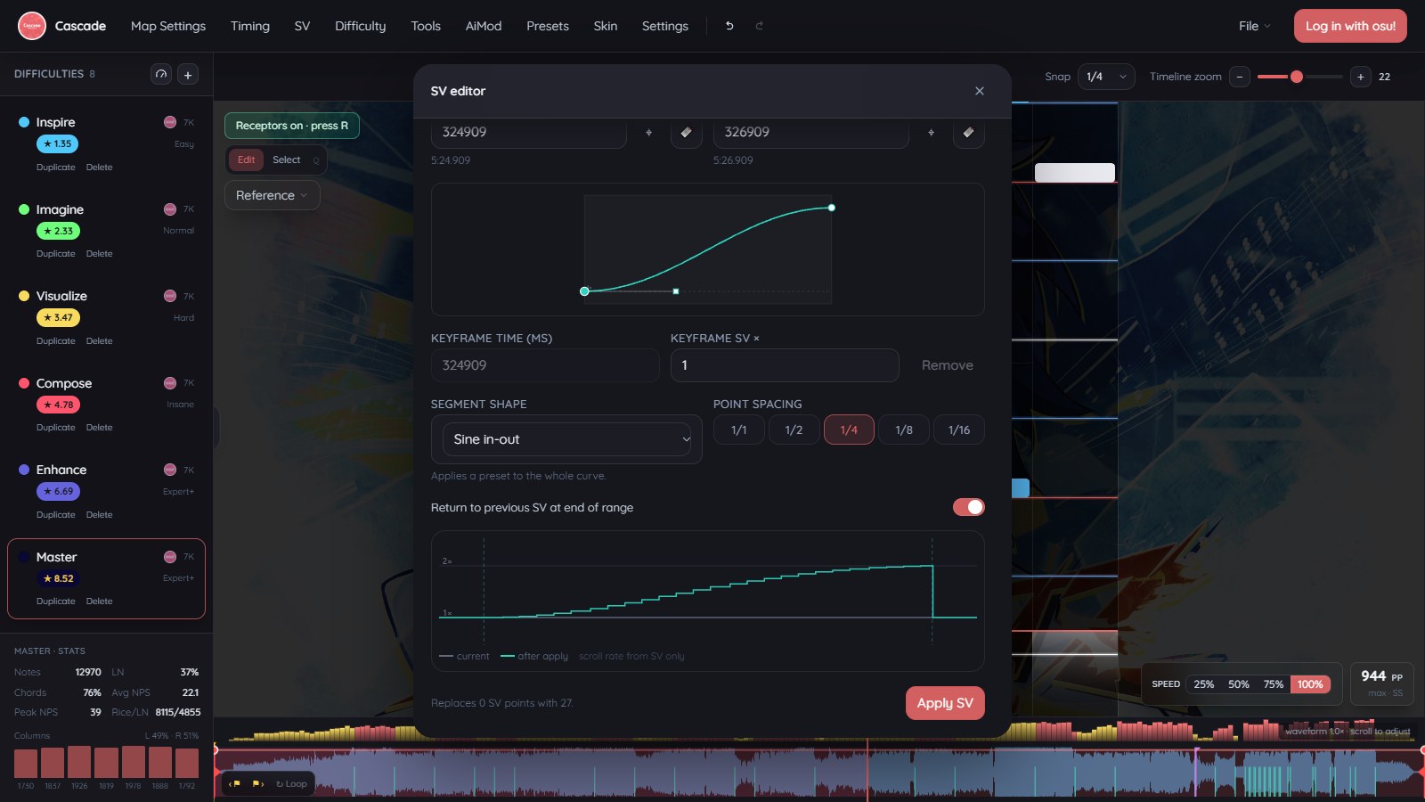 The scroll velocity editor with a live curve preview